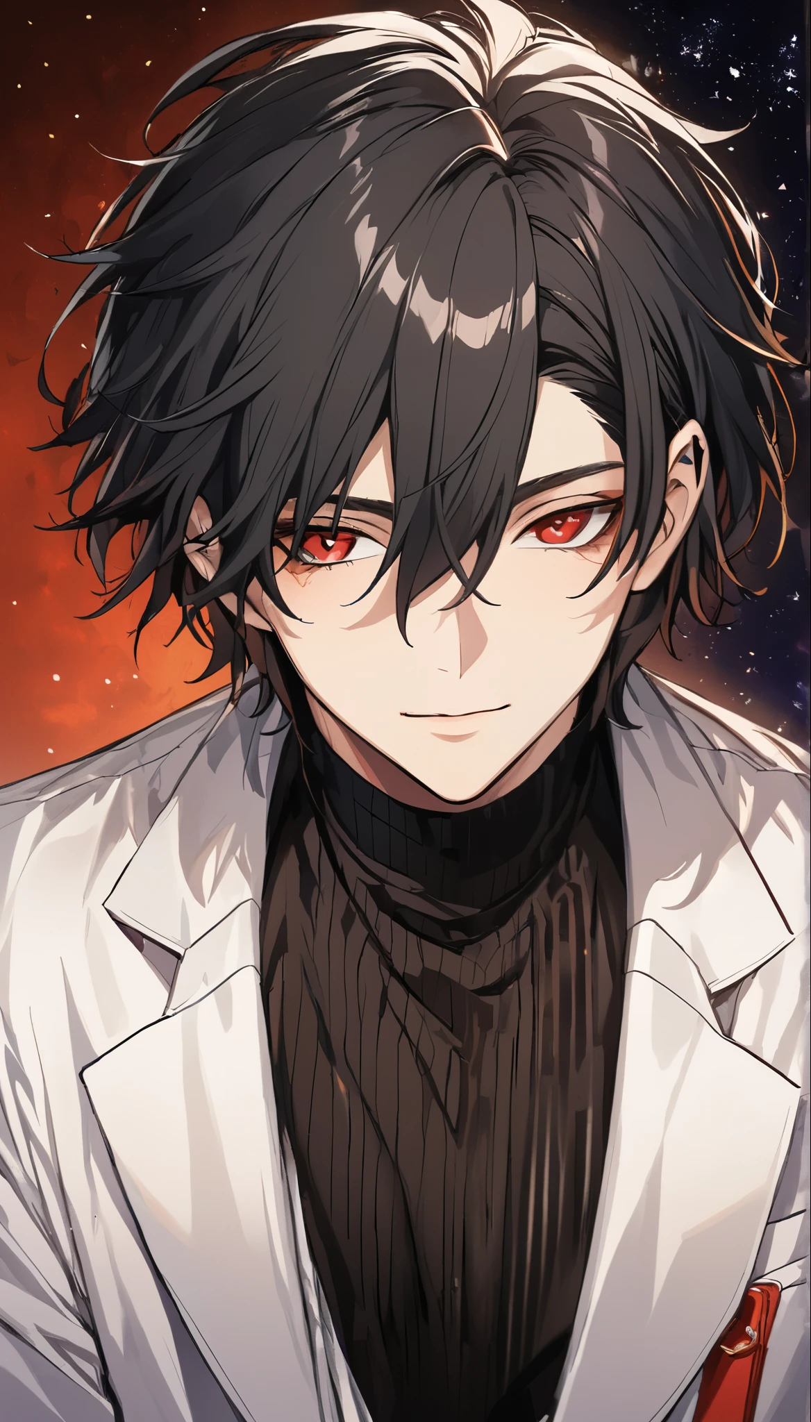 (Disheveled black_hair), (short_male_hair), (deep_red_eyes), (high_detailed_eyes), (attractive), (Deep_space_background), (male), (wearing white lab coat), (detailed_Hair), (detailed), (detailed_mouth), (close_up), (vertical_slit_pupils),mature adult man,square jaw,narrow eyes,hair between eyes,curious,interested,brows raised,shinrei tantei yakumo, oda suzuka,messy bangs,no hair part,hair like joker from persona,