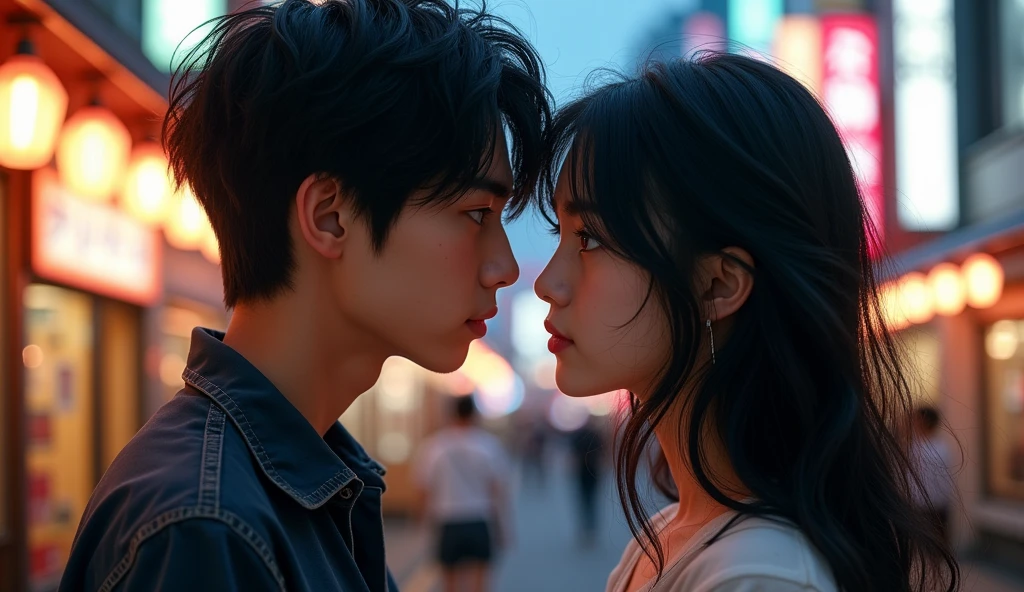 (best quality, masterpiece, ultra detailed, ultra high res, photorealistic, raw photo, absurdres, absolutely resolution), A teenage Japanese male idol and a teenage Japanese female idol face each other and look at each other. The camera closes up on their faces and emphasizes their eyes.