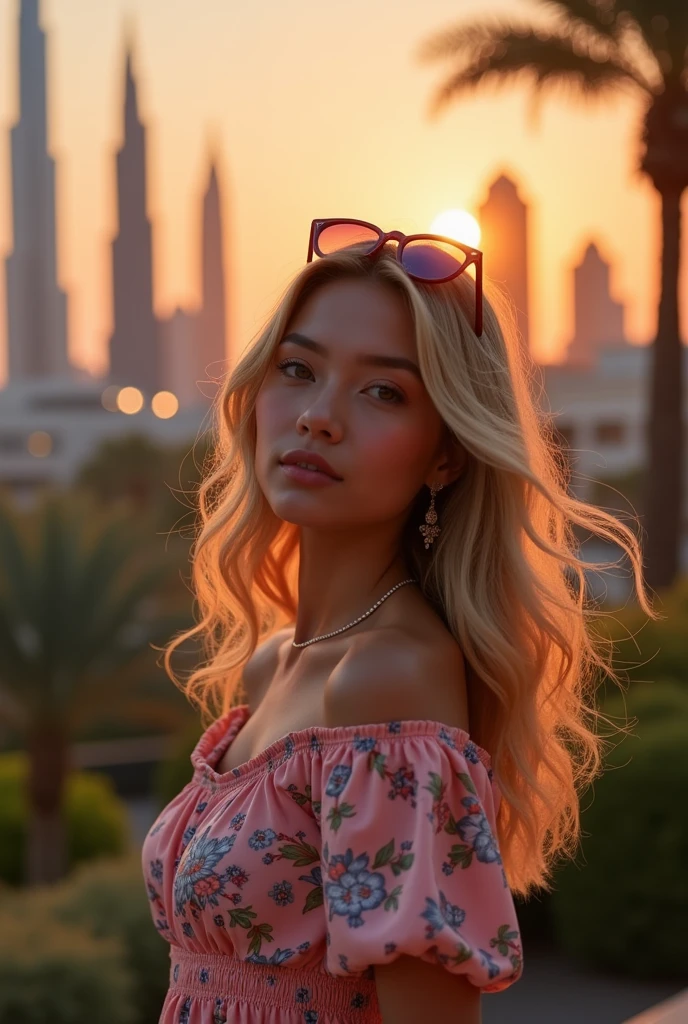 create an influencer,blonde hair,Scandinavian,light eyes,light brown skin,spotty,girl next door,summer dress with floral pattern,sunglasses on, in Dubai, twilight