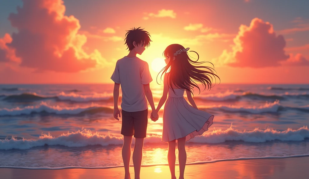 (best quality, masterpiece, ultra detailed, ultra high res, photorealistic, raw photo, absurdres, absolutely resolution), A teenage Japanese male idol and a teenage Japanese female idol walk hand in hand on the beach at dusk. The camera captures the sunset silhouette from behind them.