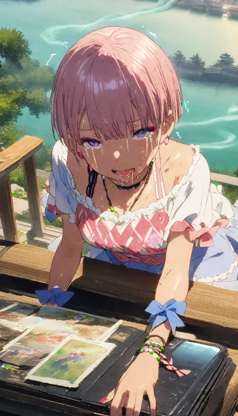 (Highest quality, 4K, 8k, High Resolutiの上, masterpiece:1.2), Very detailed, Picturesque, Anime-style photos, Photo Animatiの上:1.37)、Japanese、(Pink Hair)、(Pixie Cut)、Ecstasy face、trembling、Sweat、Drooling、Are crying、vapor、Gal Makeup、Off-the-shoulder knit、Flared mini skirt、necklace、bracelet、Earrings、choker、nail art、(Full body photo)、Nakano Ichika