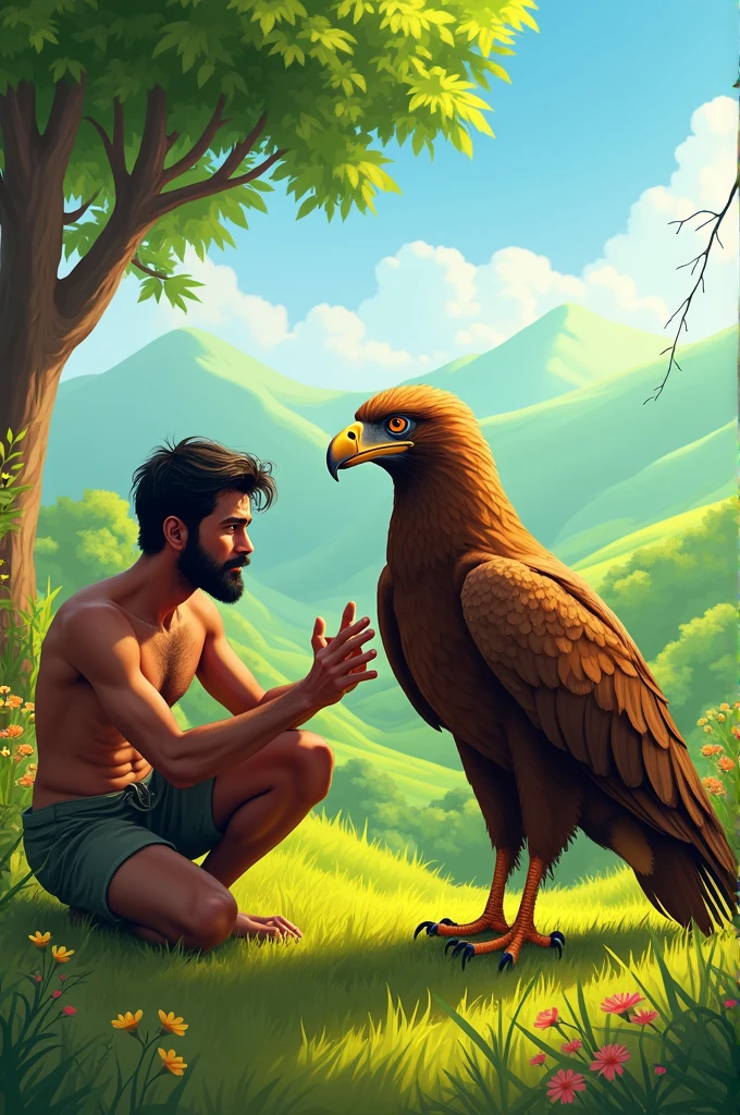 An image of a lush green village landscape with a hardworking farmer, Raghur, kneeling beside an injured, majestic eagle (Garuda) in a field. Raghur is gently tending to the eagle's wounds, with a concerned yet compassionate expression. The eagle has large, detailed feathers and sharp eyes, reflecting its strength despite its injury.