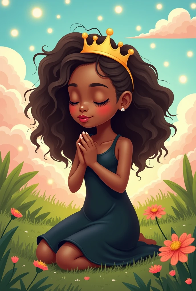 A 20-year-old woman with glasses and a crown, praying, with brown skin, brown eyes and wavy hair, wearing a black dress in cartoon