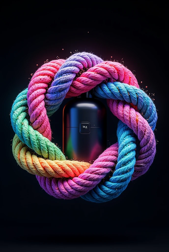 Draw an eternity knot of ≥ 4 rope knots with a vaporizer box with matte color (with rounded edges) within intertwined, The drawing must be with psychedelic colors with a black background, The rope colors must be psychedelic.
The scale must be square, not rectangular. 
