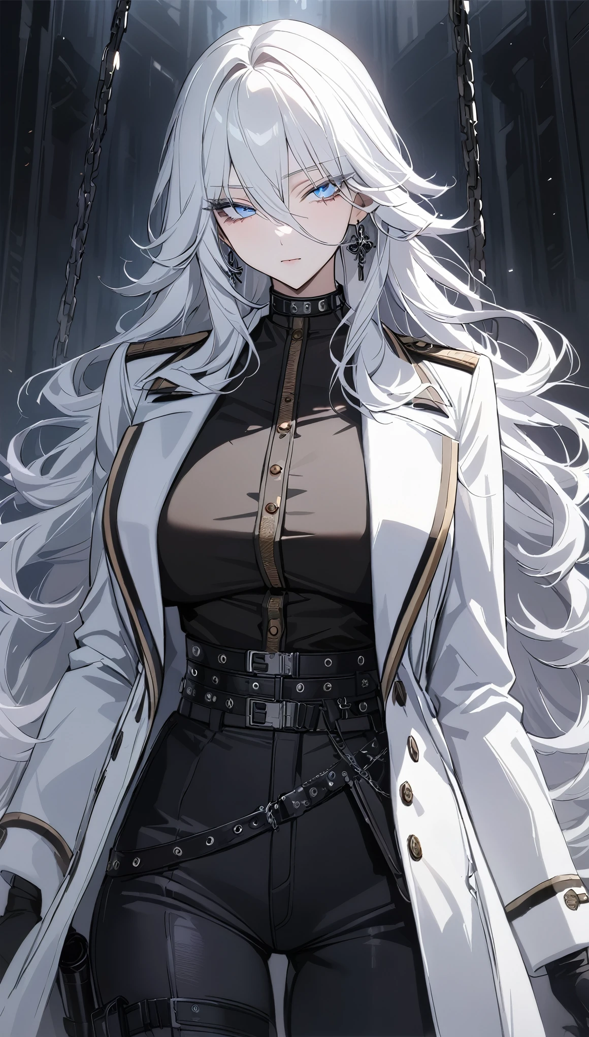 (best quality:1.3), (masterpiece:1.3), (illustration:1.3), (ultra-detailed:1.3), 1girl, ((white hair)), large breasts, ((rough hair, long hair)), Sovetsky_Soyuz, blue eyes, earrings, choker, webbed belt, tactical, pouches, chains, weapon Holster, Long eyelashes, eye shadow, long white hair, ominous vibe, elegant, expressionless, stoic, shadowy, Ultra quality, UHD, high detail, anime aesthetic, Ultra quality, high detail, white overcoat, winter coat, ((military uniform)), black suit, black pants, 