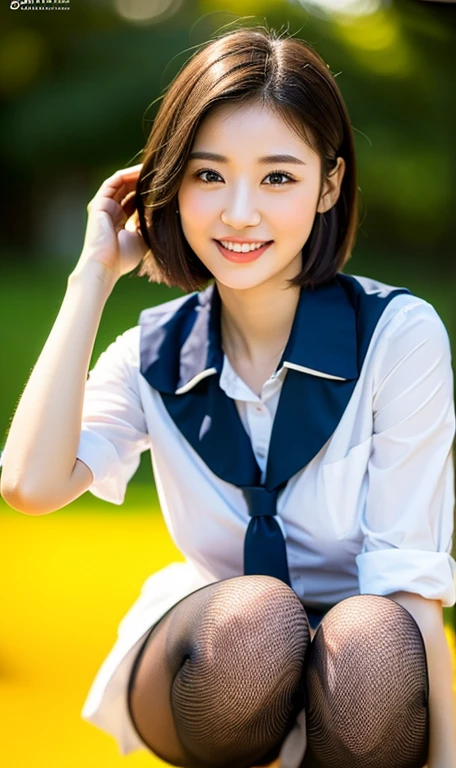 (a cute girl, with short bob hair, ponytail, Japanese Idol, wearing a university student uniform, posing confidently, sexy, hands on hip, wearing fishnet tights and loafers, with white shirt and a pleated skirt, kind smile, beautiful detailed eyes, ((beautiful detailed face)), long eyelashes, beautiful detailed lips, dimpled cheeks, ample bosom, masterpiece, photo-realistic, ultra-detailed, 8k, high resolution portrait illustration, natural colors, bokeh night, simple yellow background, SFW, )