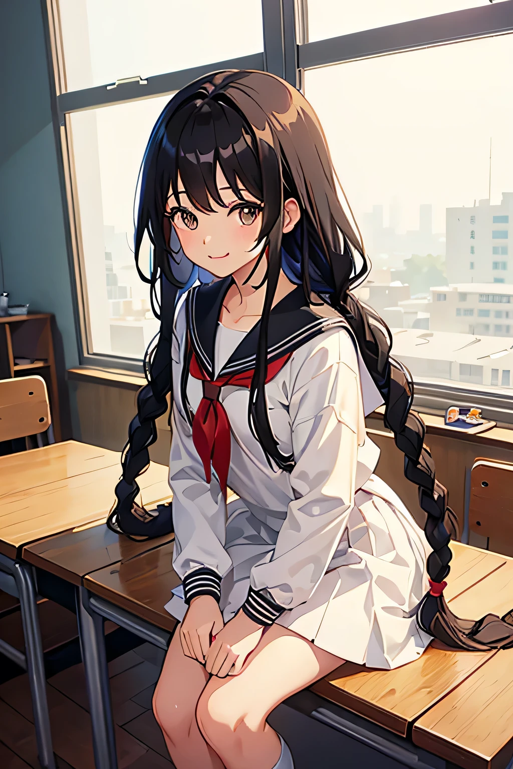 Anime Style、cute、Long Hair、Black Hair、Brown eyes、Braided hairstyle、smile、Small breasts、Looking up、Sailor suit、Gentle expression、School、classroom