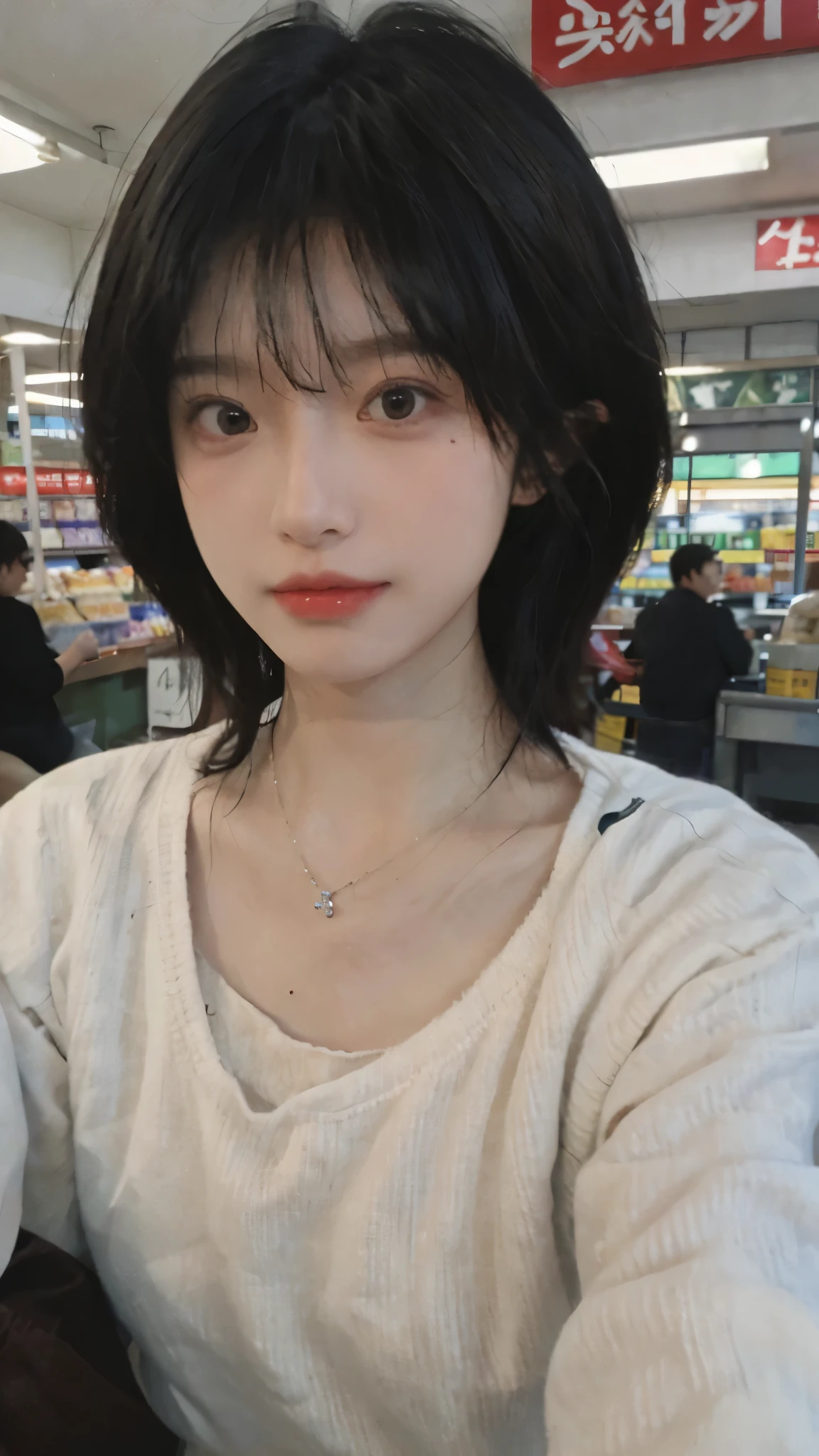 Best quality，Ultra-high resolution,(Realism:1.4)，short hair，Cute hairpins，girll,Cropped black sweater，Look directly at the audience，Full of atmosphere，Beautiful woman with a slim figure:1.4，supermarket，whole body，Super delicate face，Exquisite eyes，Double eyelids，necklace