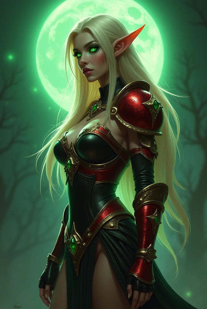 World of Warcraft game theme,fullmoon,extremeley curvaceous buxom bimbo vixen female elf,very bright green glowing eyes, Image of a female elf Valeera Sanguinar,intense flirty stare,side view ,Beautiful and gorgeous elf, 32 years old, with blonde hair, standing, holding two favorite shiny green Jambiya daggers, one in each hand. ,blood elf Assassin Wow, wide hips, narrow waist, gigantic humungus breasts,extremely curvy, Long elf ears, ((((Very bright, glowing green eyes))), Red Light female Assassin Armor with emeralds , Red Pauldrons, Red skull Pauldron with emeralds, Gold and Red Chestpiece, Red and black Gauntlets, Black tabard, dramatic tones. A masterpiece with the highest resolution. , Surrealist image type