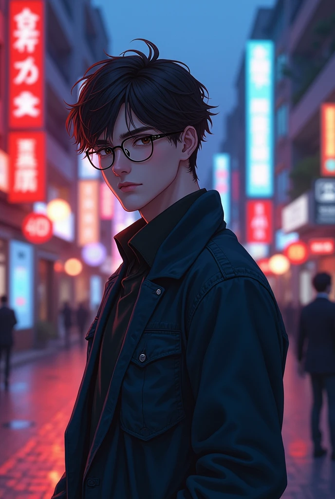 With glasses, dark brown hair, athletic body, glasses that match his figure, casual clothes, mysterious, handsome, and a touch of anime drawings 