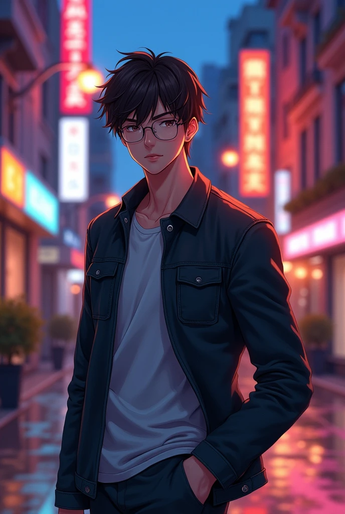 With glasses, dark brown hair, athletic body, glasses that match his figure, casual clothes, mysterious, handsome, and a touch of anime drawings 