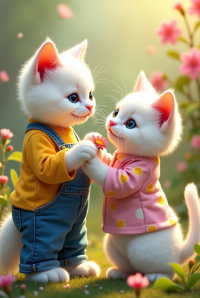 a white cat dressed in blue jeans and yellow shirt paste a flower in hairs of a White cat dressed in pink shirt and yellow