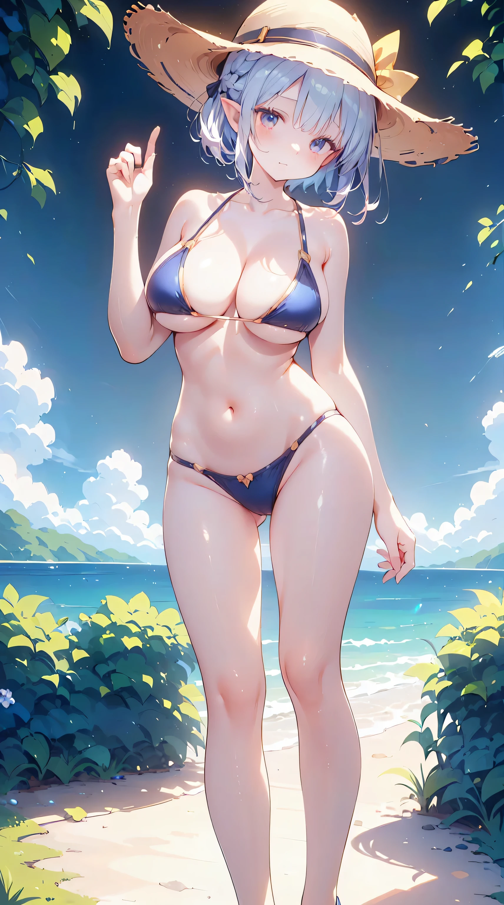 Ultra-high resolution, 8k,high quality,Elf,(Ultra-short stature,Gargari body,((Cute summer clothes)),Slender,cowboy hat , ((no hat:1.3)),Cute hairstyle),(Landscape angle,Cunning Hand),(iridescent light,soft shadow,Anime Painting,thin line drawing),One Little Woman,(((Big Breasts))),