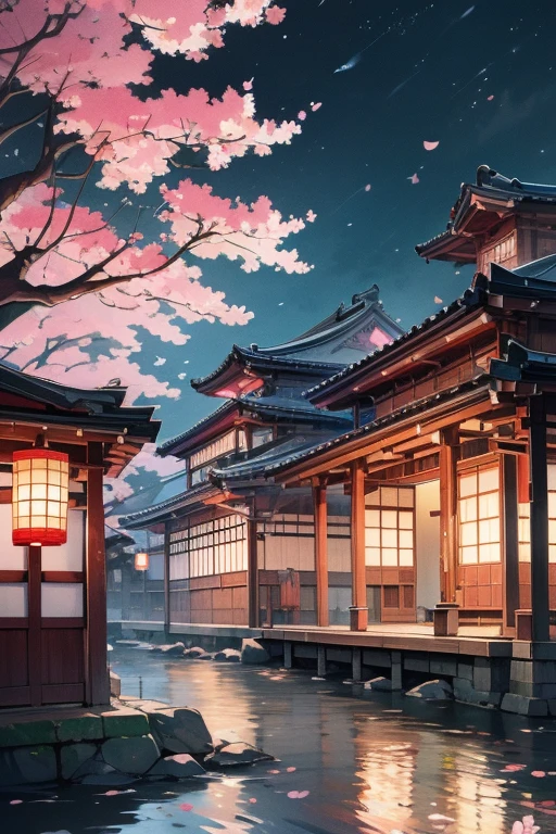 cherry blossoms、夜cherry blossoms、light up、Japanese style、Fantasy、((masterpiece)),Realistic,4K,Very detailed、landscape