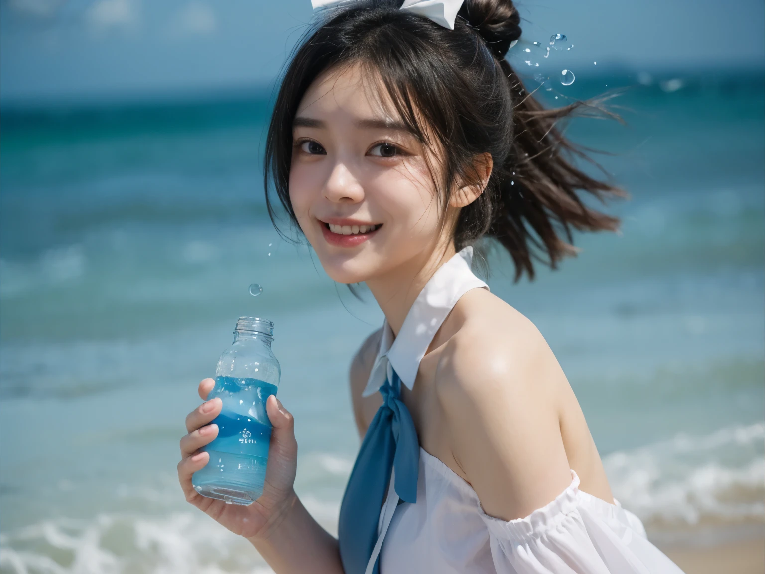 masterpiece, original photo, best work, A young woman, with shoulder-length black hair smiles brightly, holding a bottle of Calpis Water. She is wearing a white shirt with a dark blue bow tie, against a bright blue background. Water droplets surround her, creating a refreshing and cheerful atmosphere, the morning sun shining down on her. 8k, a photography technique with stunning results