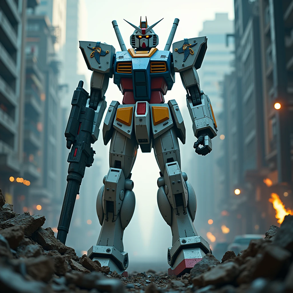 (masterpiece:1.2) (best quality) (detailed) (intricate) (8k) (HDR) (wallpaper) (cinematic lighting) (sharp focus), a Gundam rising from underneath the rubble, CGI, professional art, absolutely awesome cover art,movie grade CGI.