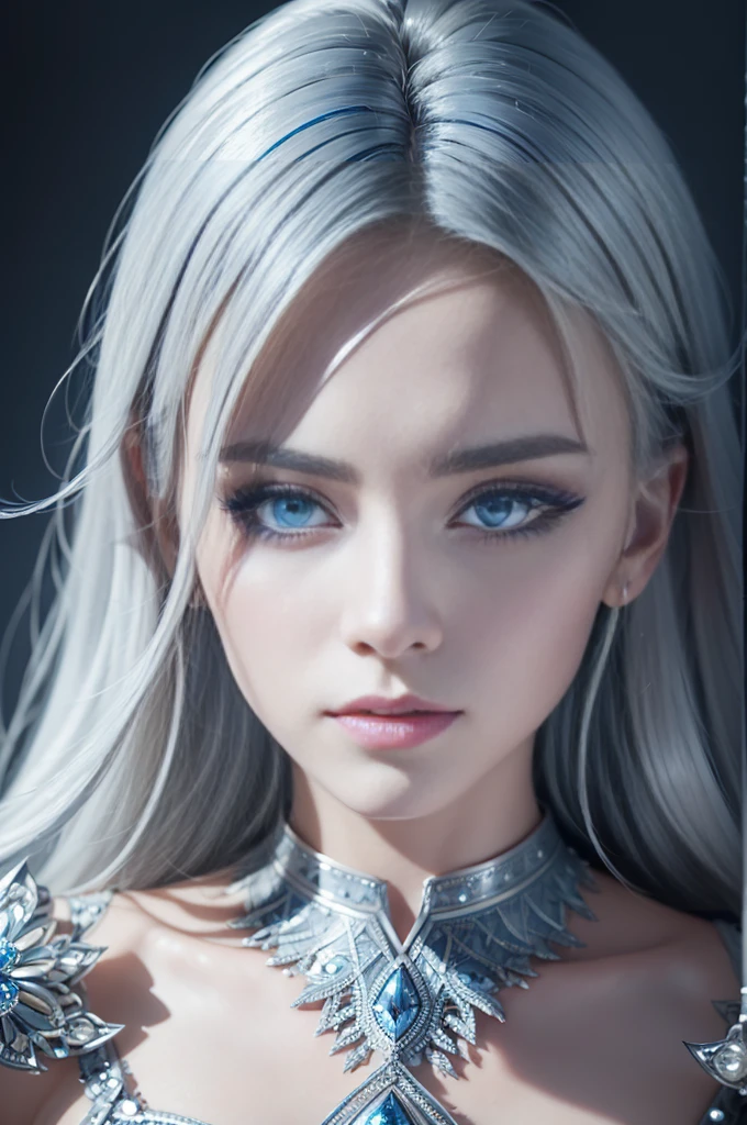 8k, (full body shot:1.2), 20-year-old Swedish girl, raw, Beautiful woman, (straight gray hair), Crystal-encrusted girl, sexy poses, The white skin is inlaid with transparent crystal, ((lens)), The structure is made of crystals, Hourglass body, intricate, beautifull face, elegant, highly detailed, digital hyperrealistic photography, hyperrealistic photography filigree, shyness, most beautyfull face, (masterpiece, sidelighting, (finely detailed beautifull blue eyes: 1.2)),