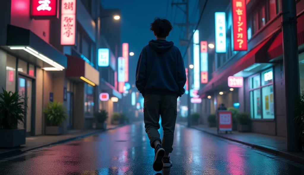 (best quality, masterpiece, ultra detailed, ultra high res, photorealistic, raw photo, absurdres, absolutely resolution), A age Japanese male idol walks alone on a night street. The camera follows his back and gradually pulls away.