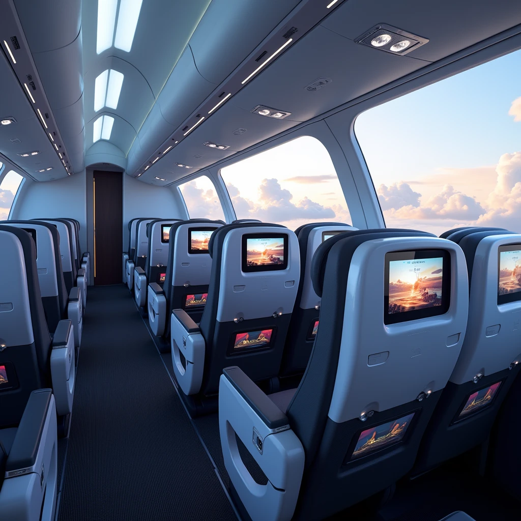 In the cockpit of the aircraft,You can see a lot of airplane seats,The seats have screens on the headrests,Real Effects,No passengers,Can see out the window and back of the seat,The camera rotates 45 degrees, VR Effect