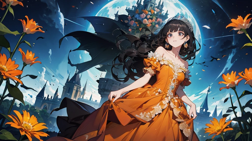 a princess wears orange dress, haunting, glowing dress, black hair, masterpiece, magical, many flowers,