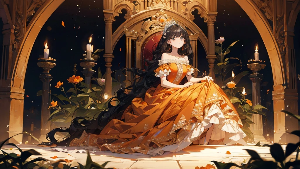 a princess wears orange dress, haunting, glowing dress, black hair, masterpiece, magical, many flowers,