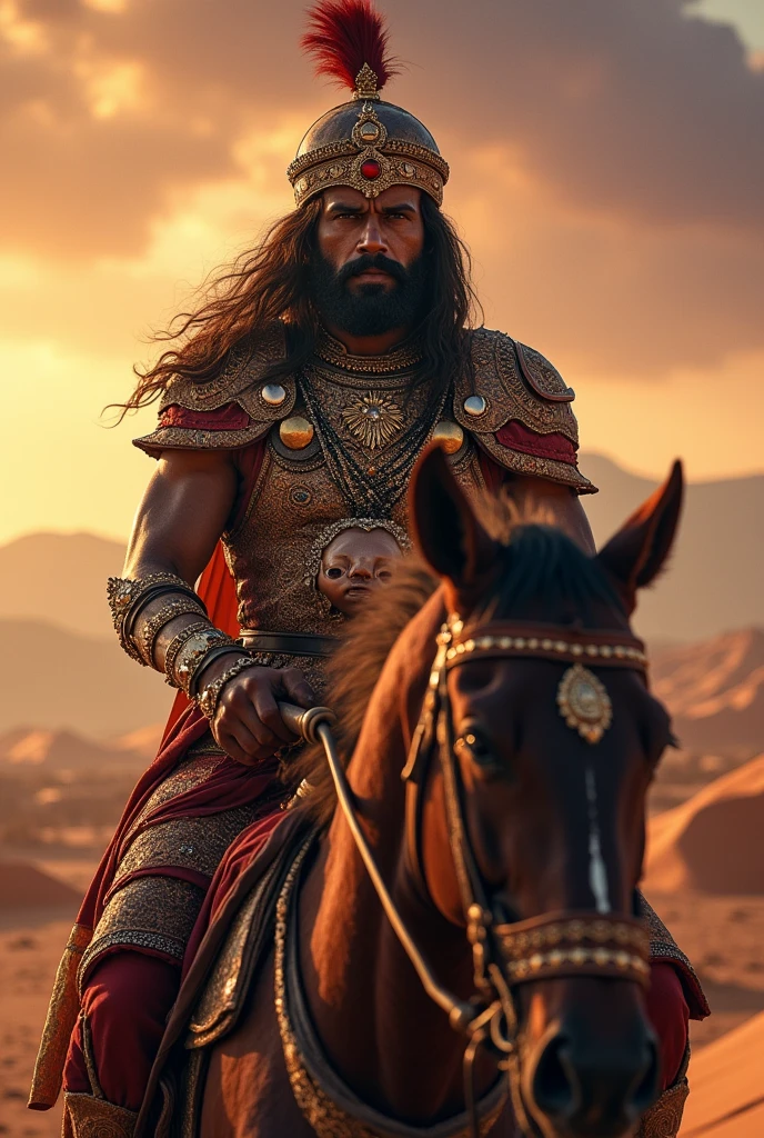 A Rajputi warrior (who is setting on horse) hang his beautiful princess severed head around his chest 