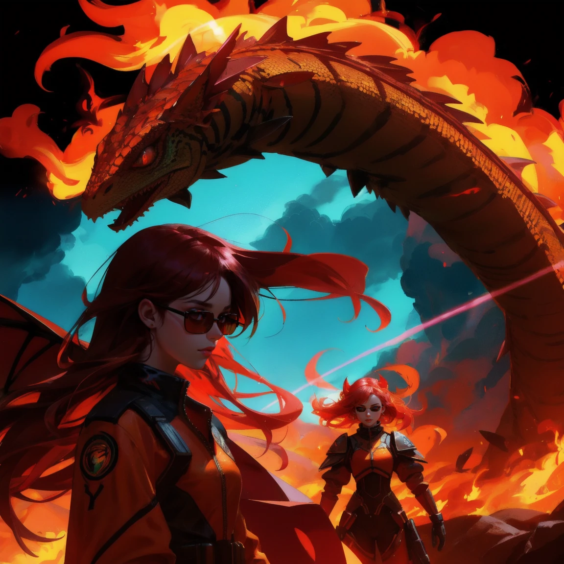 A vibrant, futuristic scene with a dark background, fiery energy, and dynamic light effects. Replace the fiery lizard character with multiple beautiful, cute girls wearing sunglasses and surrounded by flames, keeping the background and energy effects the same.