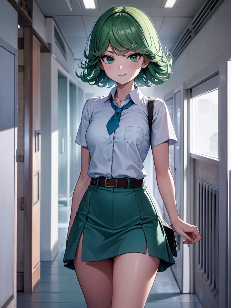 (high res, 8K, masterpiece, looking at viewer, best quality, very aesthetic, ultra detailed, ultra background, ultra Eyes) intricate details, 1girl, Tatsumaki, Chibi, body perpendicular to facing the camera, Green Short Hair, Green Eyes, short sleeved white shirt, Smile Face, pocket on left chest, wearing a Gray tie, light Blue short skirt, wear a belt, Background school hallway, School, Cinematic Angle