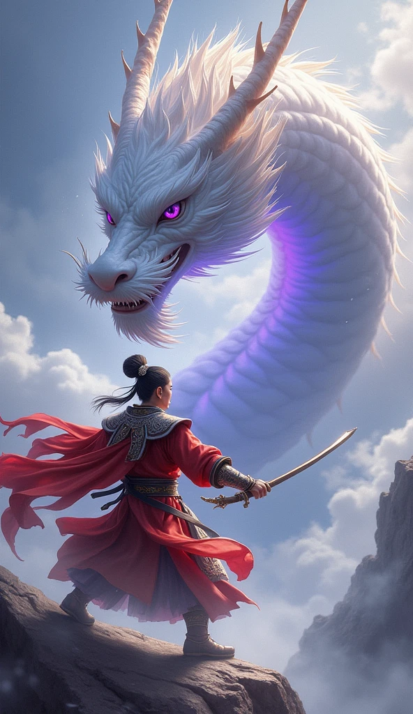 Third person perspective,A painting, Take China《Journey to the West》The Monkey King and the dragon are the central components of the picture.,There is a Chinese white dragon in the clouds,Sun Wukong's hair is tied into an exquisite hairstyle,Wearing ornate armor and a red cape,He wears a purple-gold crown with phoenix wings,Holding the Vajra Ruyi Stick,The white dragon showed its huge face from the clouds,The whole body is wrapped in purple arcs,Staring at me head on,Huang Shilin's style,Dramatic atmospheric perspective,The art of precision,Strong facial expressions,Light indigo and dark grey,Sergey Musin,James Pike