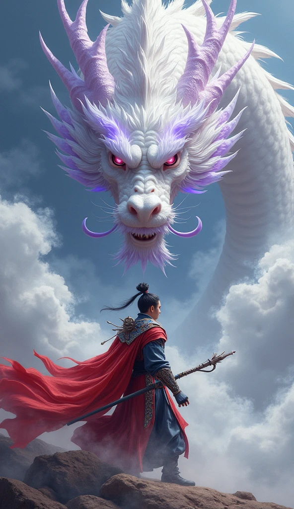 Third person perspective，A painting， Take China《Journey to the West》The Monkey King and the dragon are the central components of the picture.，There is a Chinese white dragon in the clouds，Sun Wukong&#39;s hair is tied into an exquisite hairstyle，Wearing ornate armor and a red cape，He wears a purple-gold crown with phoenix wings，Holding the Vajra Ruyi Stick，The white dragon showed its huge face from the clouds，The whole body is wrapped in purple arcs，Staring at me head on，Huang Shilin&#39;s style，Dramatic atmospheric perspective，The art of precision，Strong facial expressions，Light indigo and dark grey，Sergey Musin，James Pike