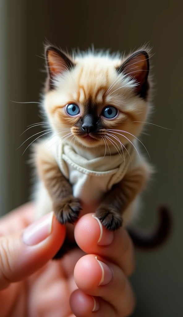 photorrealistic, 8k, Micro Tiny baby [fat siamese cat] wearing apron, perched on a human finger