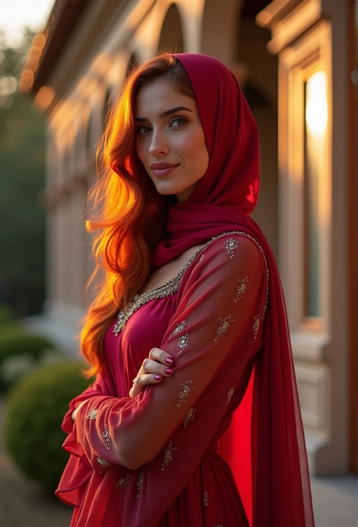 8k, RAW photo, best quality, masterpiece:1.2),(realistic, photo-realistic:1.37),sunset,soft light,"photo of a Beauty persian women with Huge boob,hijab, extremely beautiful face,bust,Random hairstyle,red hair color,Naughty expression,pigsney, adult content,nsfw,cleavage, full body, big house,night dress