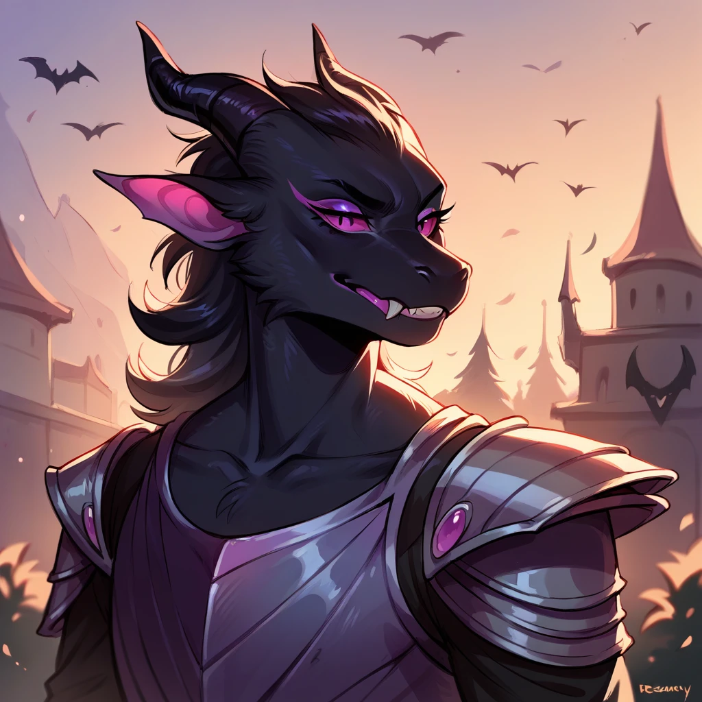 dreamy pride, score_9, score_8_up, score_7_up, score_6_up, Evil Dragon with ebony black fur and Dark Purple eyes in demonic armor (outdoors night)
