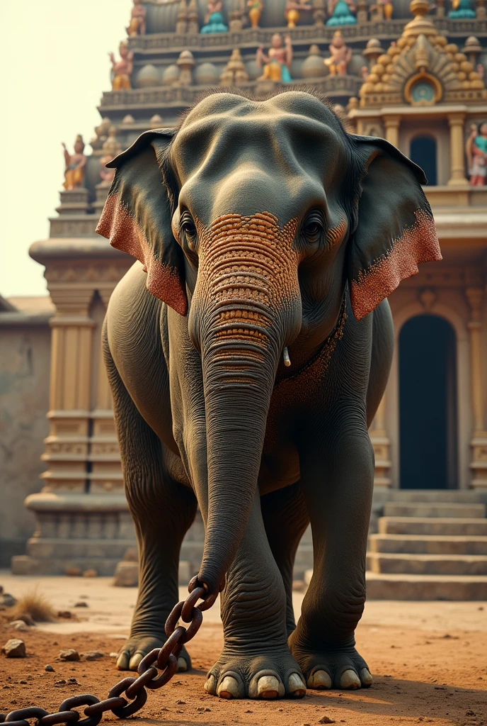 A elephant struggling to break free from a chain that's tightly wrapped around its leg. The background features a Indian temple.