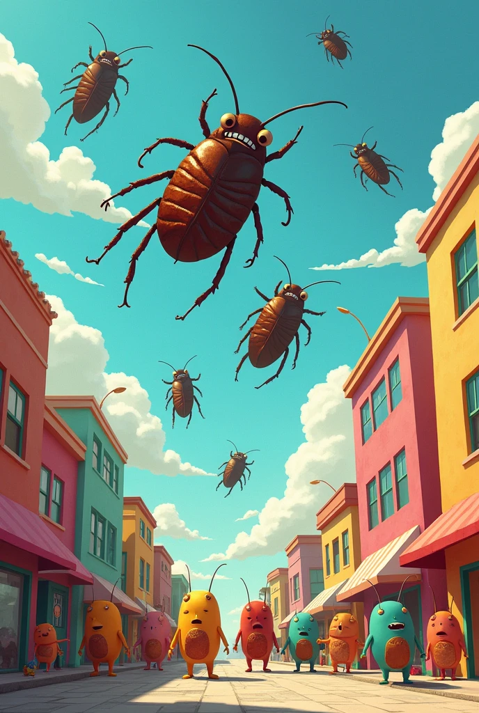 Create a picture of Fall Guys Town being attacked by giant cockroaches