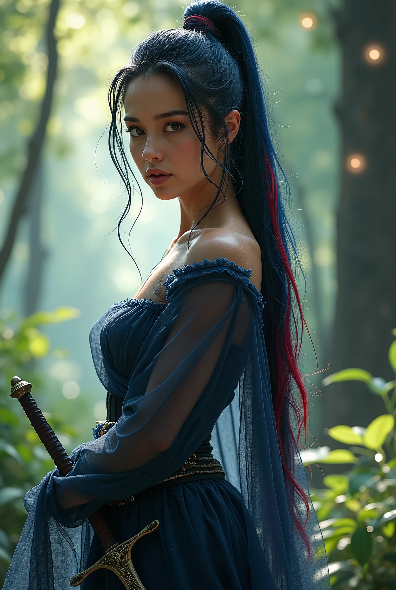 Public curly dark hair, Ponytail, beautiful female warrior, approximately 20 years of age, with a perfect body and dressed only organza transparent coat (see-through: 2.0) , The character has dark blue hair with red highlights, tied in a horse tail, and holds a short sword in her hand. I would like the drawing to be done in any graphic convention that fits the character’s nature, wet skin, (wet:2.0), shiny skin, transparent organza flowing coat, photorealistic: 2.0. Shiny skin, --auto --s2