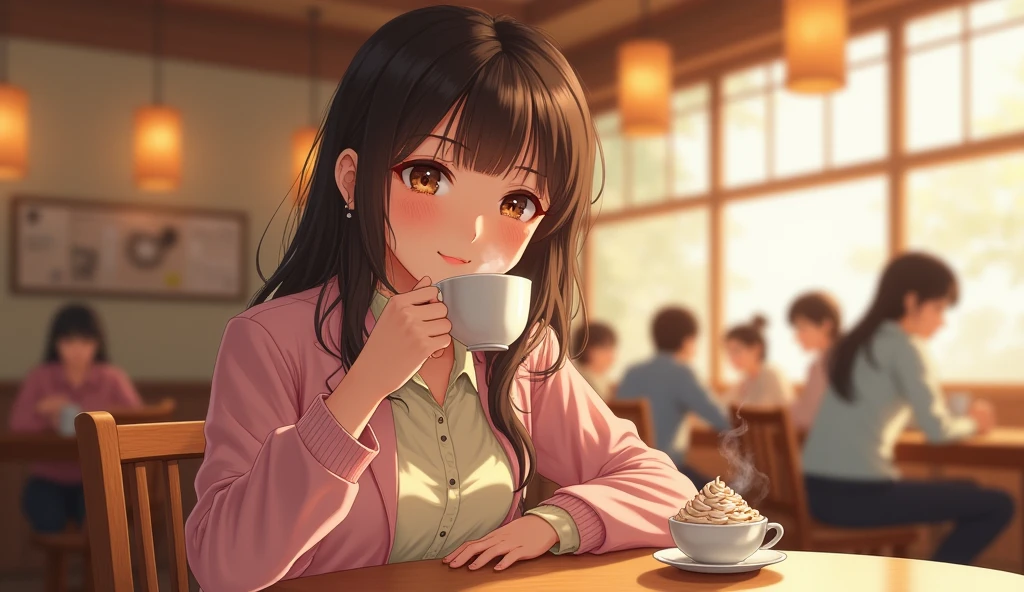 (best quality, masterpiece, ultra detailed, ultra high res, photorealistic, raw photo, absurdres, absolutely resolution), A teenage Japanese female idol is drinking hot chocolate at a cafe. The camera pans from her hands to her face.