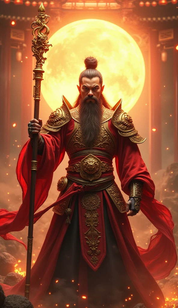 Sun Wukong bard, 3D style face, fierce eyes, holding a golden and red long stick in his hand, wearing Chinese ancient costume armor,epic scene, dark fantasy style, holographic light and shadow, holographic halo, rich background,photo realistic photo , Hyperrealistic, Artgem with Yoi Shinkawa and Hyung - Tae Kim Drawing, Effects Rich, 3D Art, OC Renderer Rendering, Realistic Details, Extremely Fine Detail, Detailed Description, Unreal Engine,Front View, Full Body Shot, Natural Light, Good Viewing angle,