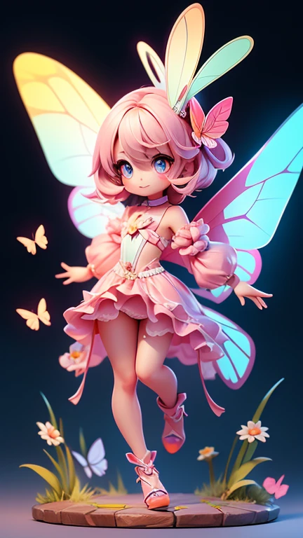 Create a picture of a little butterfly monster., The body is transparent and can be seen through. The image is sharp and detailed., with beautiful colors.. With arms, leg, eyes, mouth, พื้นหลังสีlegว