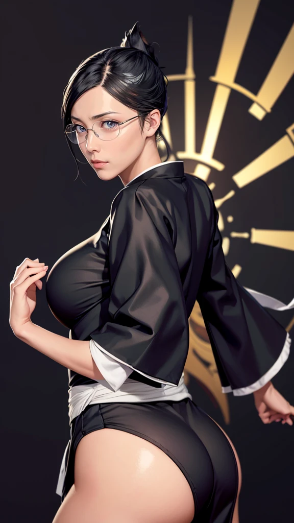 （（（Perfect figure，figure，独奏，（（（black robes, sash, hakama skirt）））， （（（I did it, folded ponytail，glasses, ））），((masterpiece)),high resolution, ((Best quality at best))，masterpiece，quality，Best quality，（（（ Exquisite facial featuresThere is light in the eyes，(（（Lol，confidence, ass showing at audiance））)，））），型figure:1.7））），（（（Light and shadow，Huge breasts））），（（（Looking at the camera，black background，）））