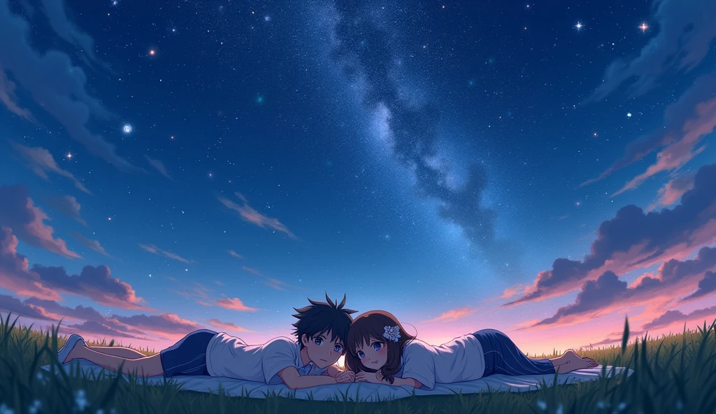 (best quality, masterpiece, ultra detailed, ultra high res, photorealistic, raw photo, absurdres, absolutely resolution), Under the stars, a teenage Japanese male idol and a teenage Japanese female idol lie down together and look at the stars. The camera looks down on them from above.