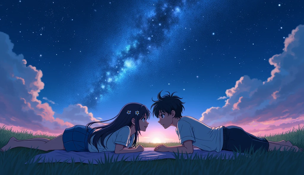 (best quality, masterpiece, ultra detailed, ultra high res, photorealistic, raw photo, absurdres, absolutely resolution), Under the stars, a teenage Japanese male idol and a teenage Japanese female idol lie down together and look at the stars. The camera looks down on them from above.