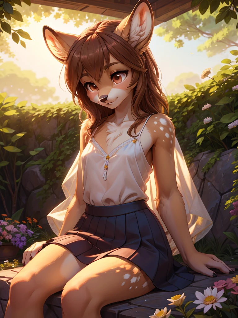 **Prompt:** A beautiful, (masterpiece), high quality, perfect lighting, highly detailed CG Unity 8k wallpaper, high resolution, perfect lighting, youthful, adolescent, slim, skinny, frail slender figure, distinctly feminine figure, narrow hips, close-up shot, big plump breasts, Anthropomorphic deer character, CG Unity, youthful, tall, slim, frail feminine figure, narrow hips, fluffy fuzzy volumetric tawny brown fur, simple white blouse, flowing floral skirt, ballet flats, hair in loose waves adorned with small wildflowers, thoughtful expression, soft brown eyes, sitting on a stone wall, surrounded by blooming garden flowers, soft golden hour light, a gentle breeze rustling the leaves, serene and introspective.