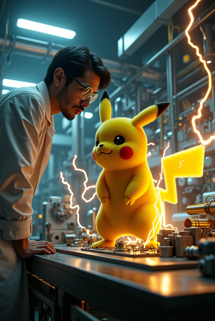 a scientist capturing Pikachu, Pikachu as the power source of an electricity generator, highly detailed, intricate machinery, electricity arcing, glowing energy, dramatic lighting, volumetric lighting, cinematic composition, hyperrealistic, 8k, photorealistic, masterpiece, professional illustration, concept art