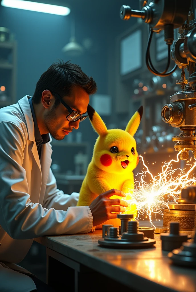 a scientist capturing Pikachu, Pikachu as the power source of an electricity generator, highly detailed, intricate machinery, electricity arcing, glowing energy, dramatic lighting, volumetric lighting, cinematic composition, hyperrealistic, 8k, photorealistic, masterpiece, professional illustration, concept art