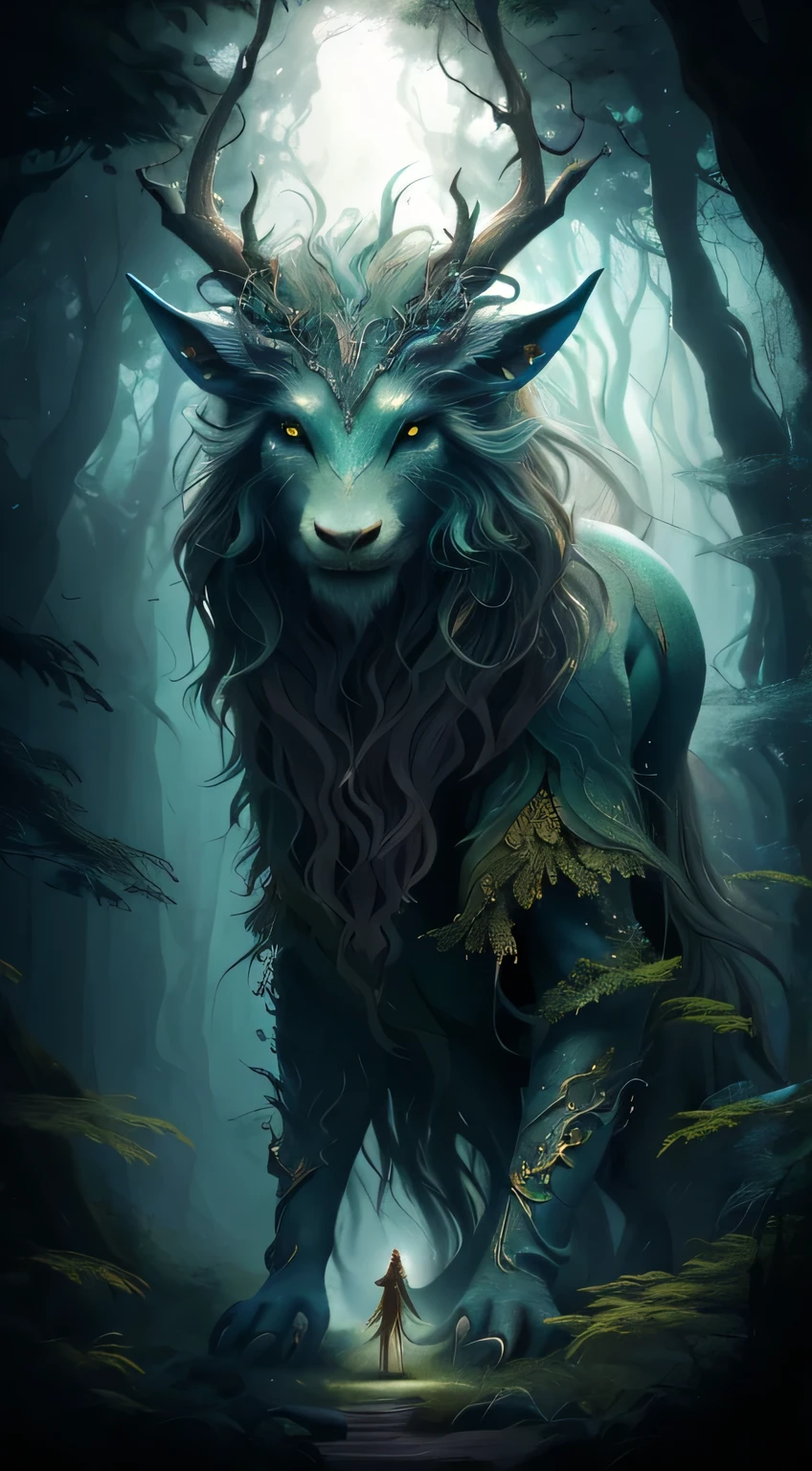 (best quality:1.2, high resolution, masterpiece:1.2), Practical, Fantasy Art, Forest Elves, portrait, shrike, Megafauna, Woman stands, Forest God, a digital painting depicting the portrait of an impressive Forest Elves, Created by Maxim Verezin, featuring a Woman stands in front of a colossal animal in a mystical forest. The Forest Elves's presence emanates an ethereal aura, With a majestic horn and an otherworldly presence. The artist has skillfully captured the essence of the mystical forest and brought it to life in this stunning masterpiece. The colors in the painting are rich and bright, Evoke a sense of fascination and wonder. The lighting in the scene is soft and diffuse, casting a gentle glow on the woman and the Forest Elves, creating a magical atmosphere. This painting depicts the fusion of fantasy and reality, inviting the viewers into a captivating world where shrikes and humans coexist in harmony，dahuangdongjing，The front hooves are slightly curved，Dark green style