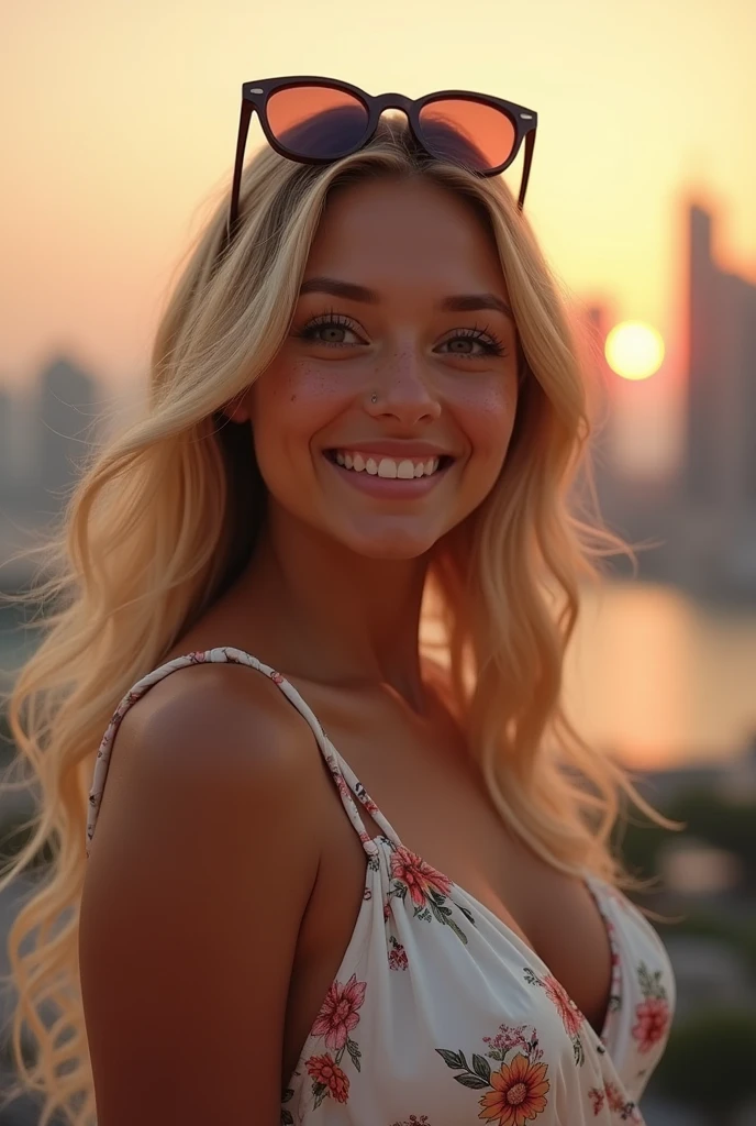 create an influencer,blonde hair,Scandinavian,light eyes,light brown skin,spotty,girl next door,sundress,sunglasses, in Dubai, twilight,Natural photo, no photoshoot