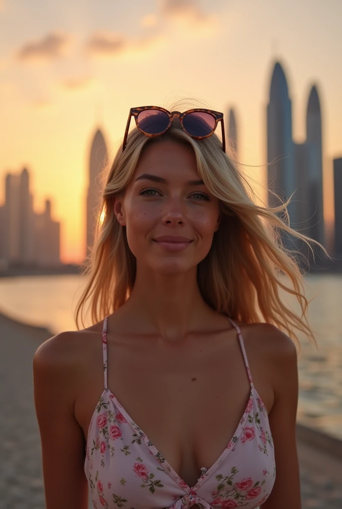 create an influencer,blonde hair,Scandinavian,light eyes,light brown skin,spotty,girl next door,sundress,sunglasses, in Dubai, twilight,Natural photo, no photoshoot