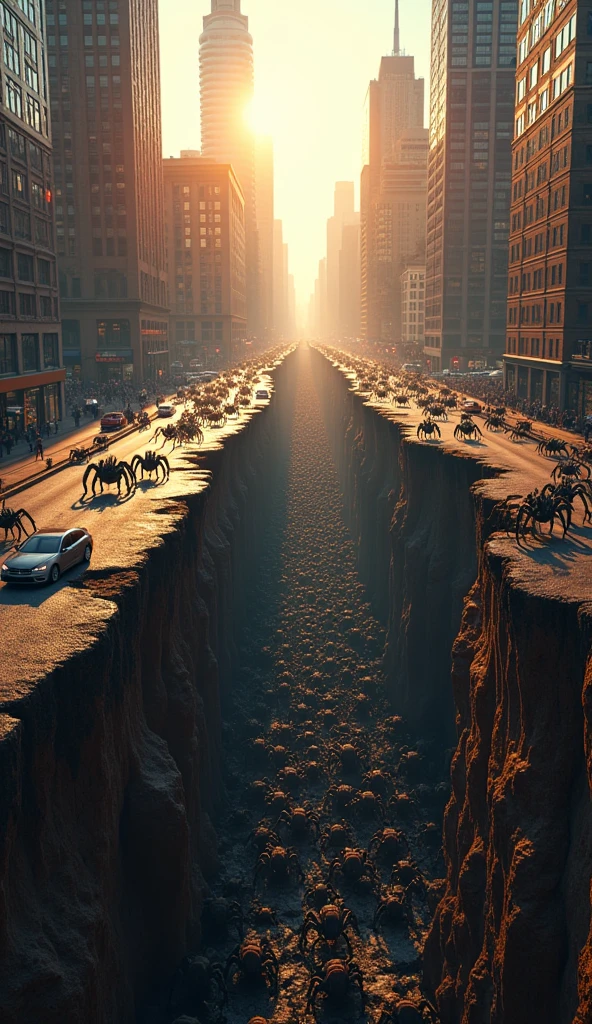 Image In the city in the morning in the middle of the road tall buildings . Top view looking down on the road The scene is shaking There is a deep crack under the road .underground space cracks hundreds of giant spiders crawled out from the cracks including spiders as big as cars