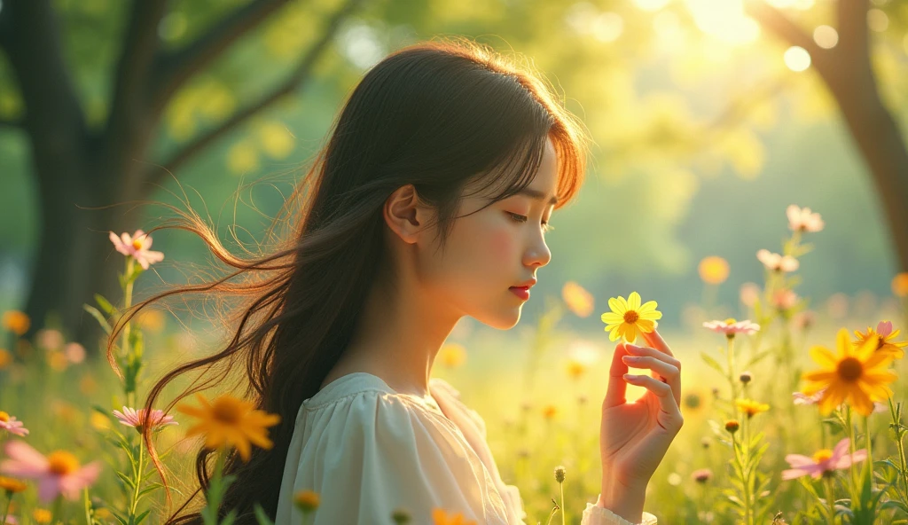 (best quality, masterpiece, ultra detailed, ultra high res, photorealistic, raw photo, absurdres, absolutely resolution), A age Japanese female idol is picking flowers in the forest. The camera focuses on her fingertips to emphasize the scent of the flowers.